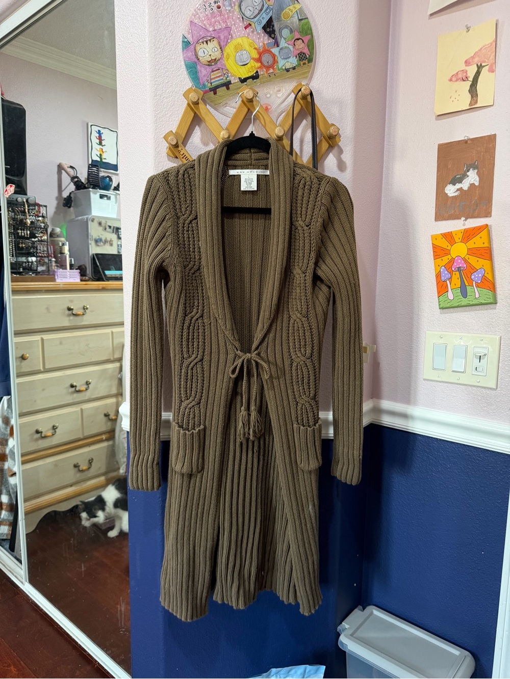 Vintage Max Studio Brown Long Cable Knit Tie-Waist Cardigan